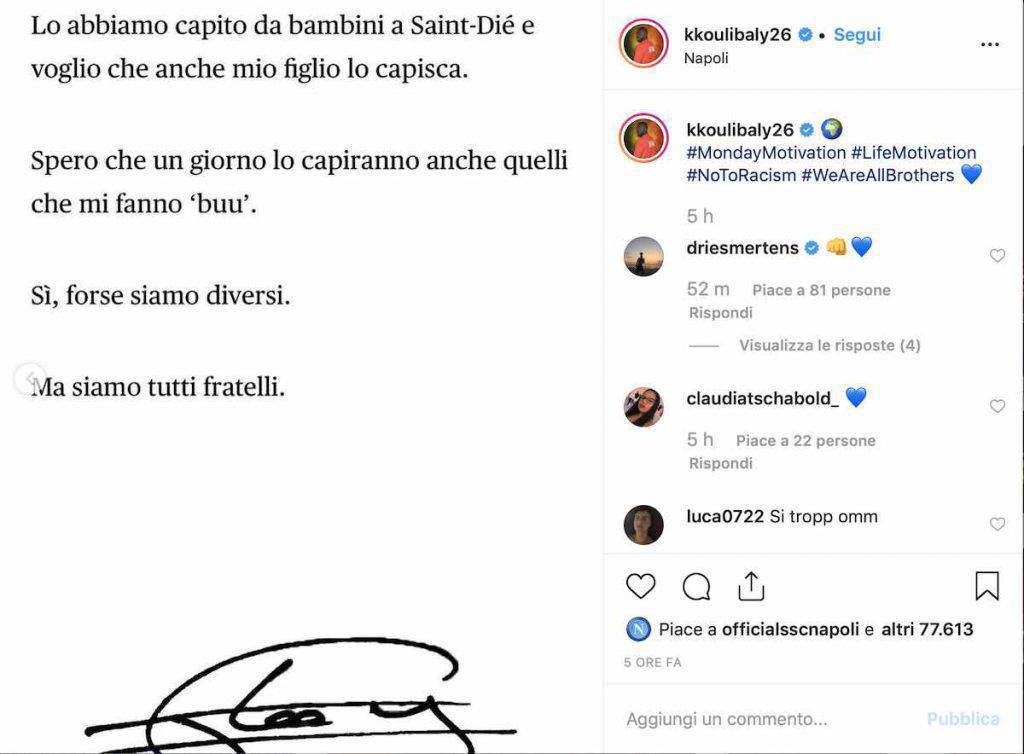 Koulibaly su Instagram contro il razzismo