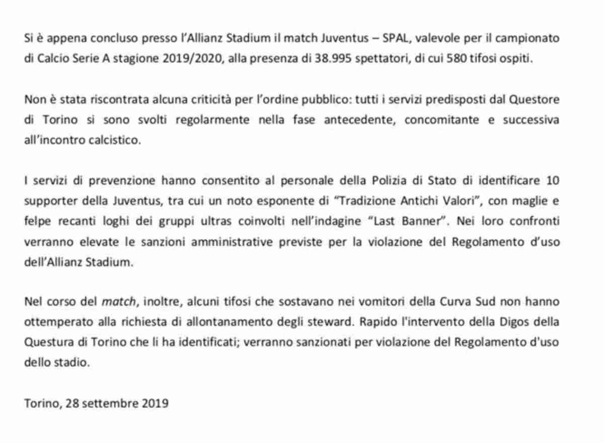 Juventus-Spal, il comunicato sui dieci tifosi identificati