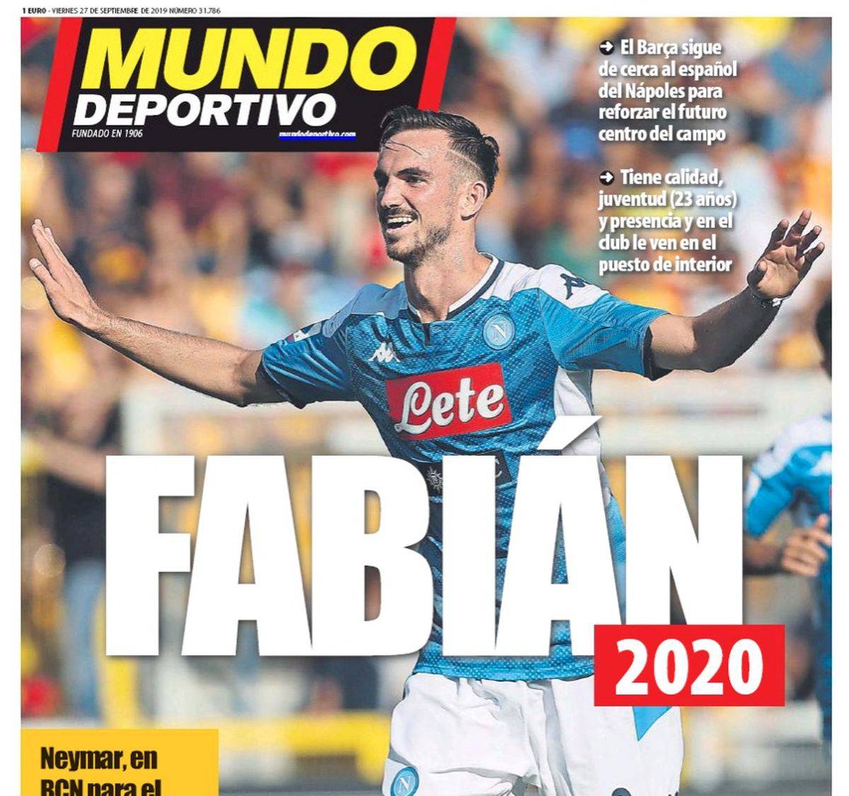 La prima pagina di Mundo Deportivo dedicata a Fabian Ruiz