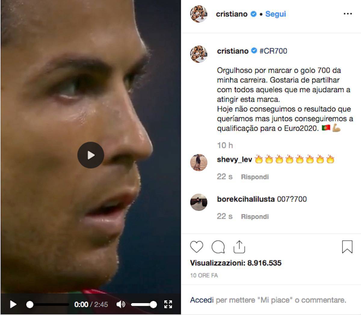 Il post di Cristiano Ronaldo