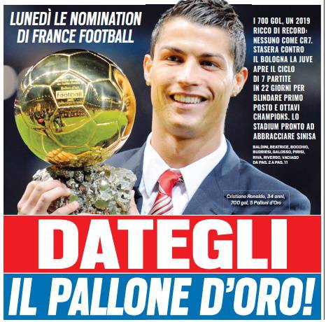 Tuttosport lancia la candidatura di Cristiano Ronaldo come prossimo Pallone d'Oro