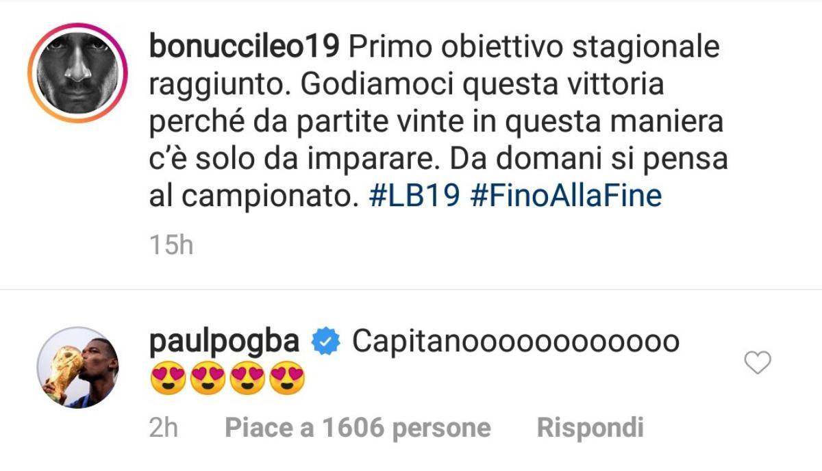 Pogba commenta la foto di Bonucci 