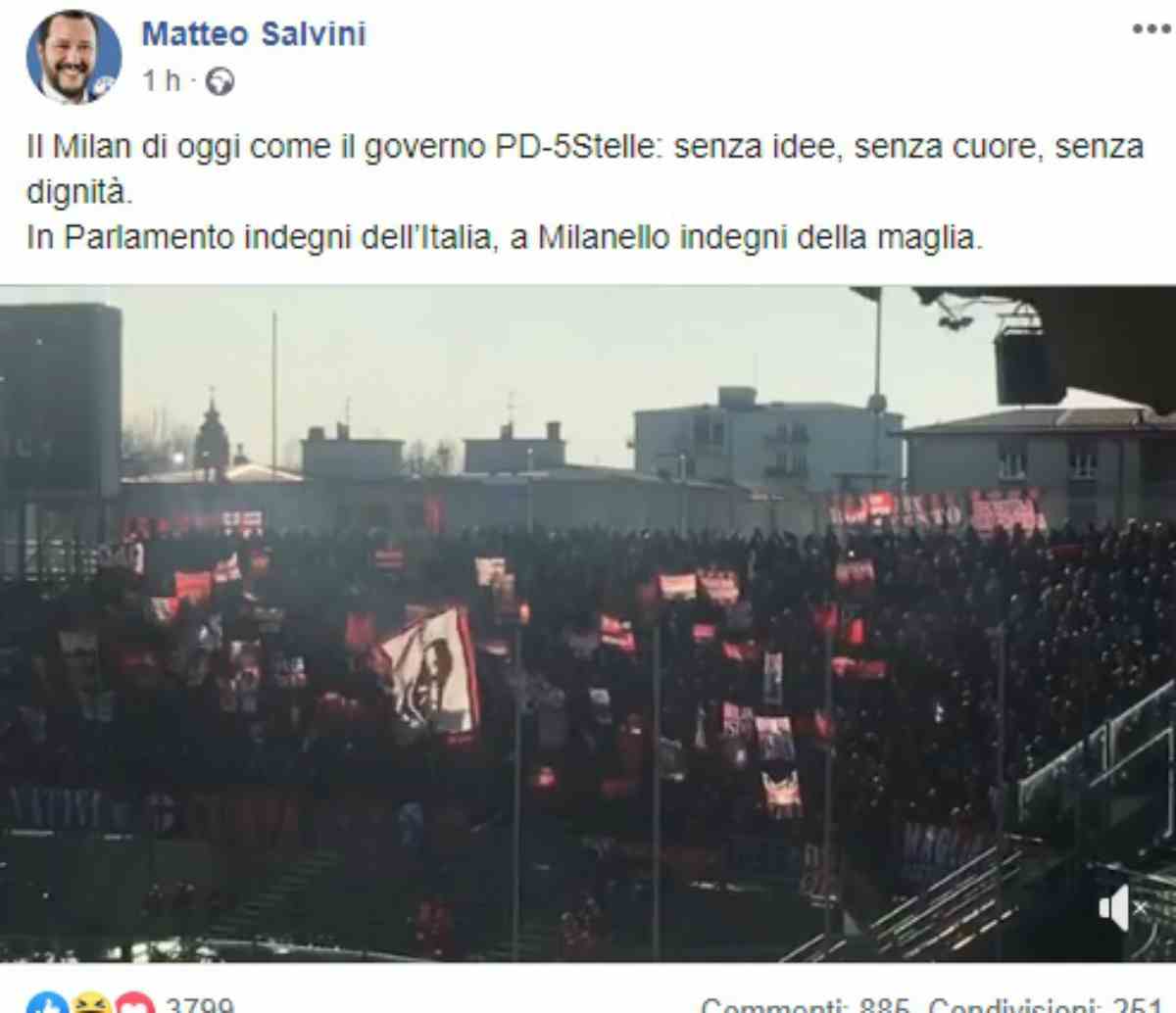 Salvini: "Il Milan di oggi è senza dignità, come il governo"