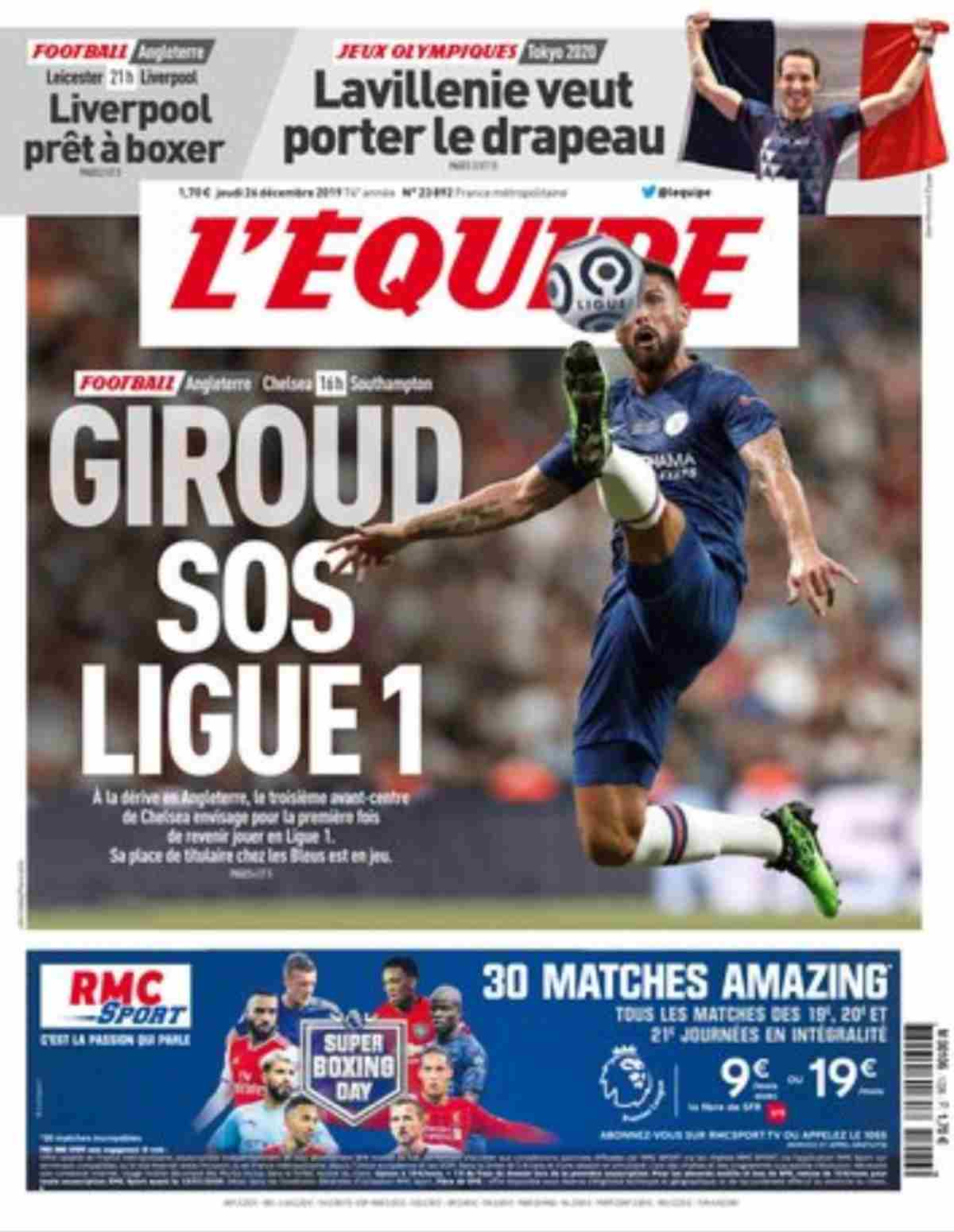 La prima pagina dell'Equipe con Giroud in copertina 