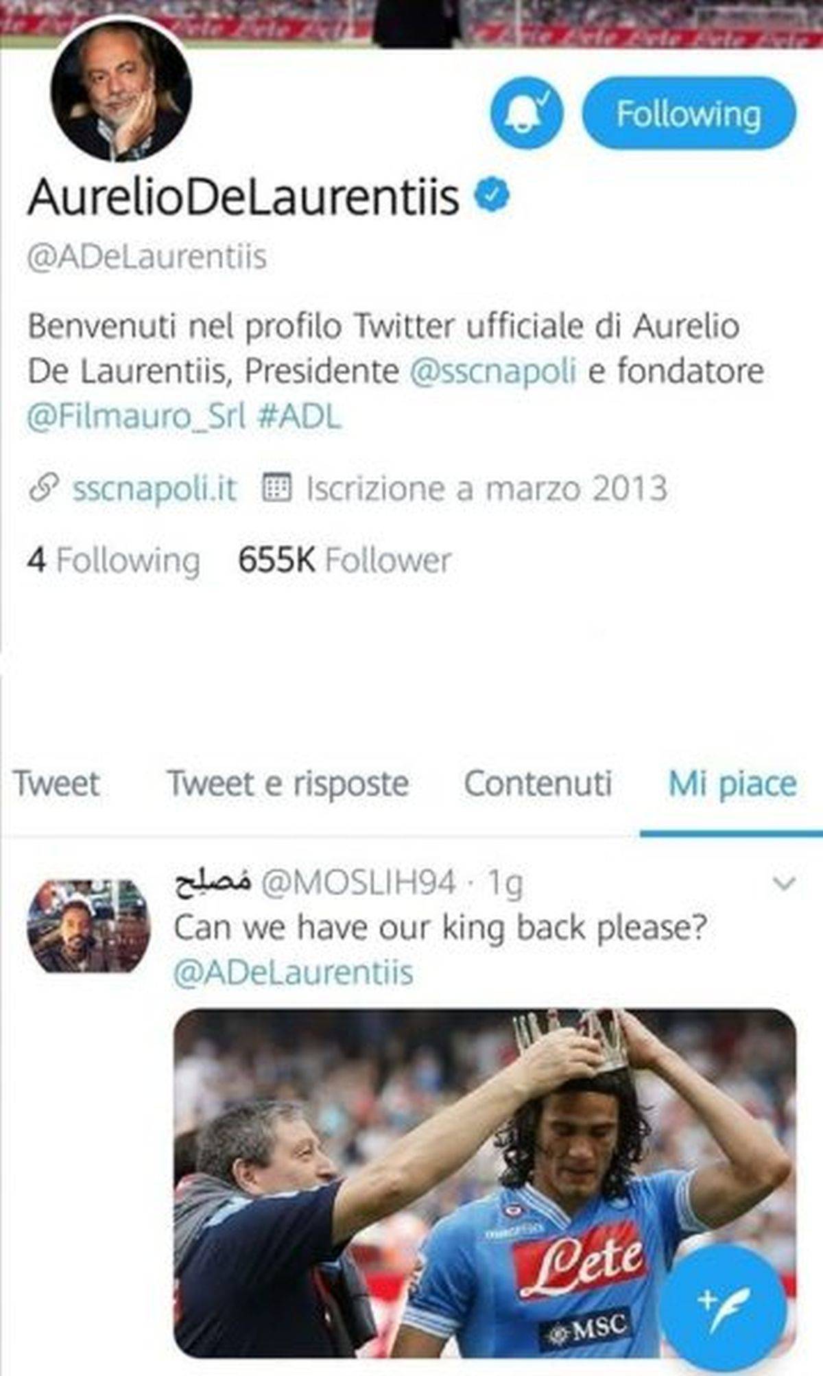 Napoli, tifosi chiedono il ritorno di “Re Cavani”: spunta il like di De Laurentiis FOTO