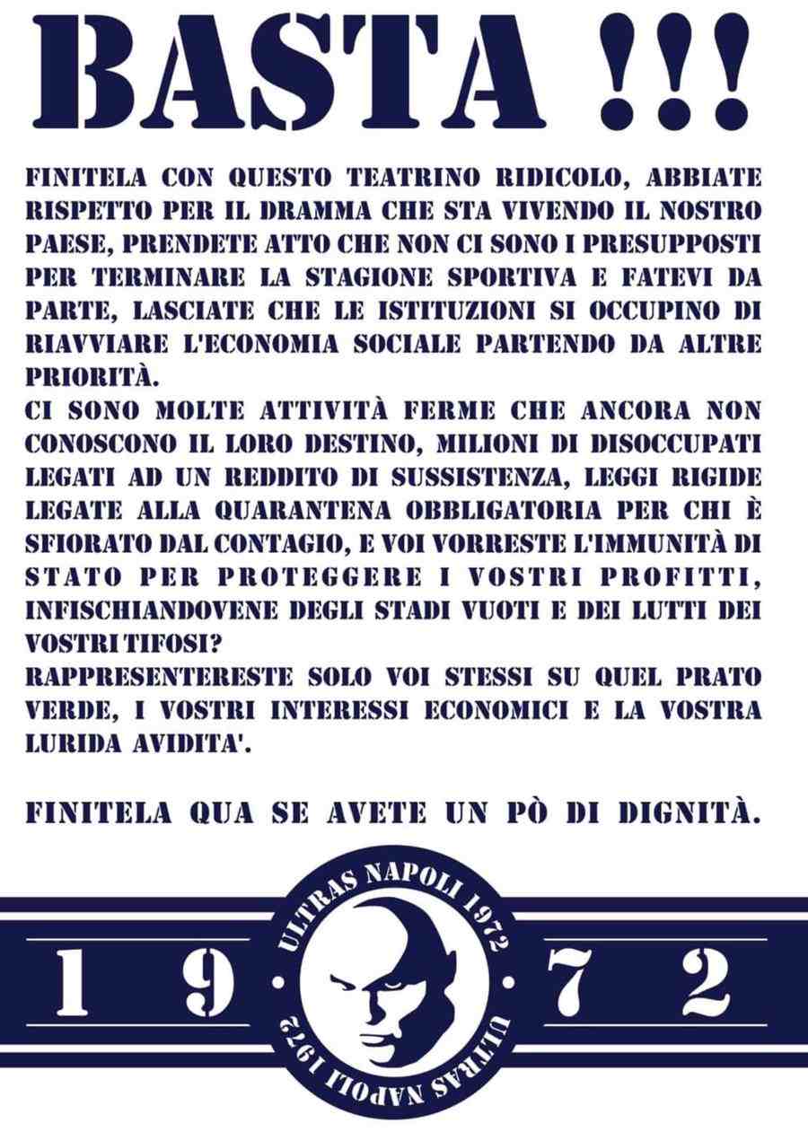 Napoli, un gruppo ultras: "Stop alla Serie A: serve dignità"