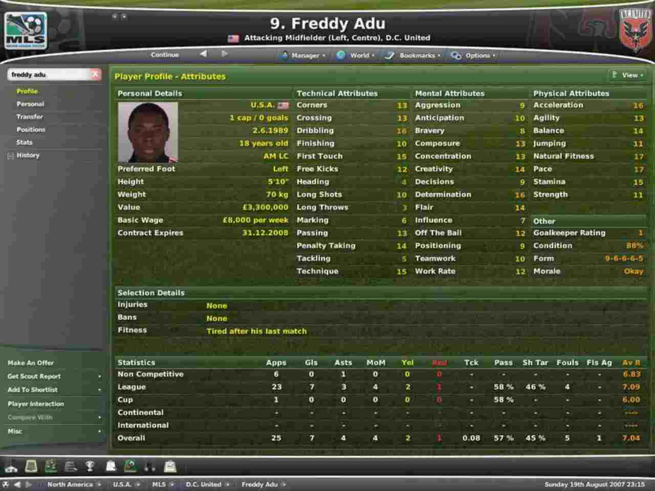 I dati di Freddy Adu a Football Manager