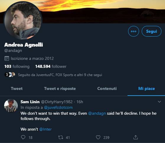 Il "like" di Agnelli al commento del tifoso 