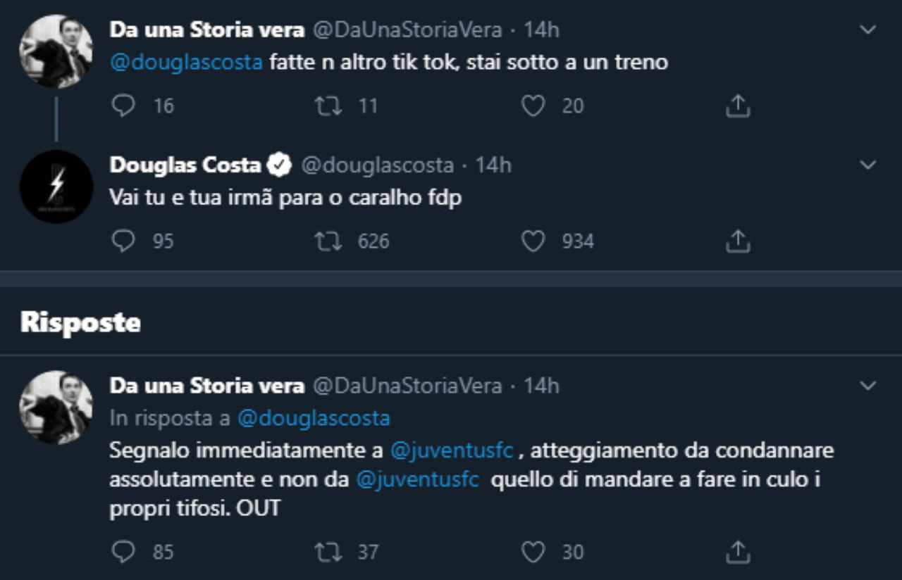 Il litigio tra Douglas Costa e il tifoso (Twitter) 