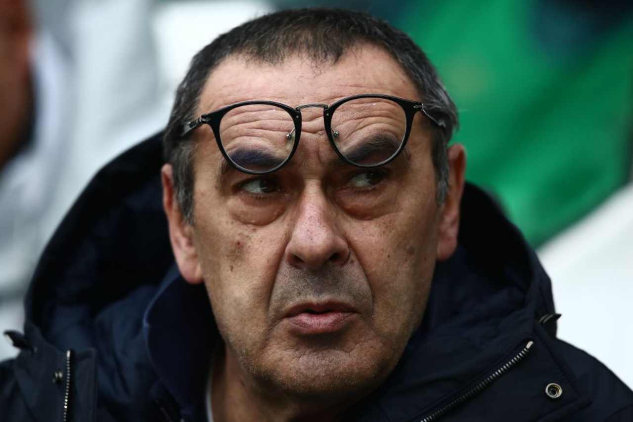 Maurizio Sarri in conferenza stampa alla vigilia di Bologna-Juventus (Getty Images) 