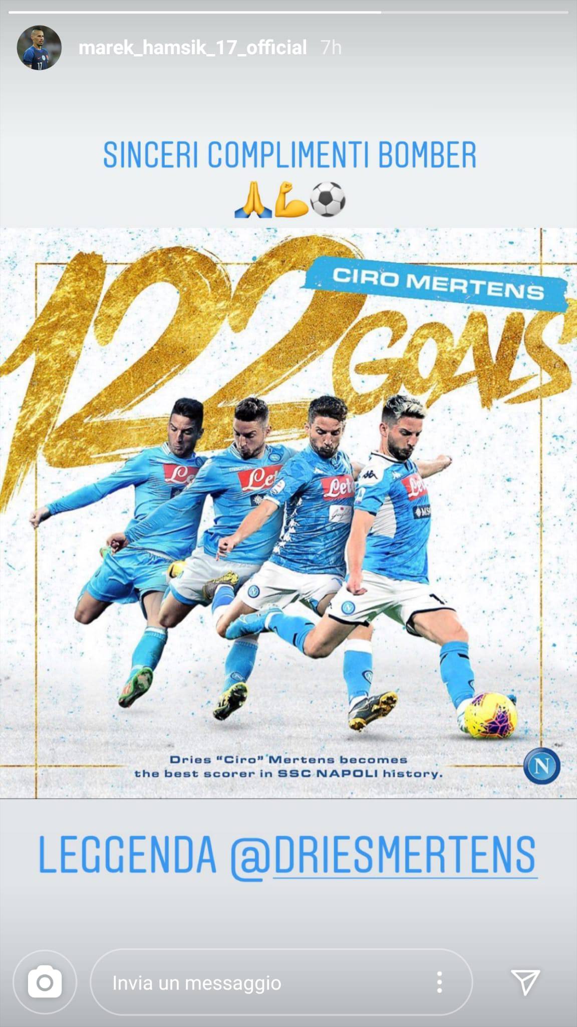 I complimenti di Hamsik a Mertens (Instagram) 