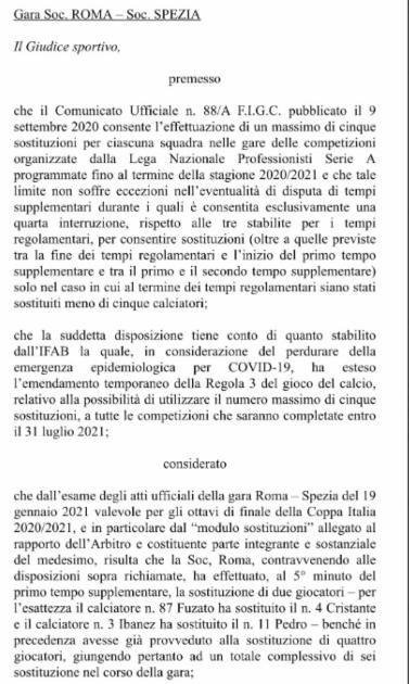 Roma Spezia Giudice Sportivo