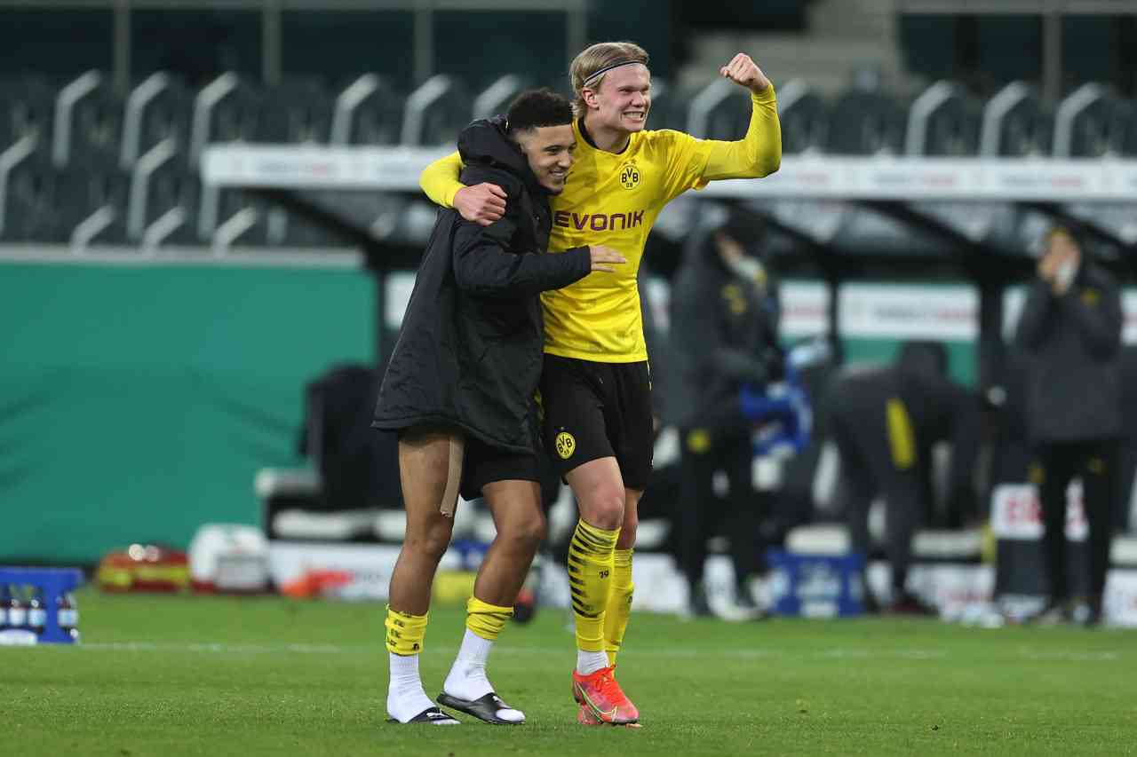 Sancho e Haaland verso Manchester City-Dortmund (foto Getty)