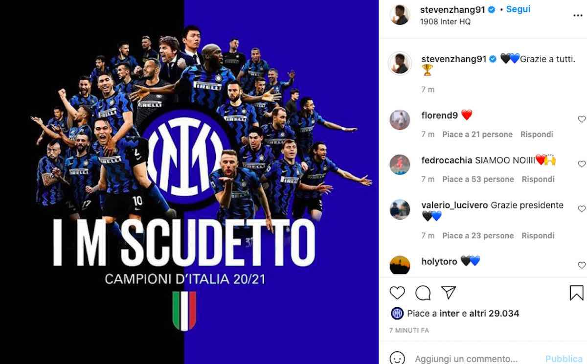 Steven Zhang messaggio festa Scudetto Inter