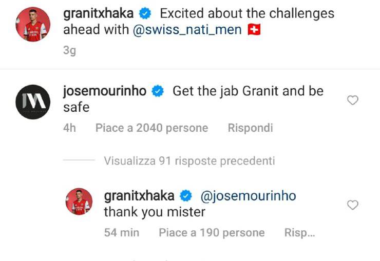 xhaka e mourinho su Instagram