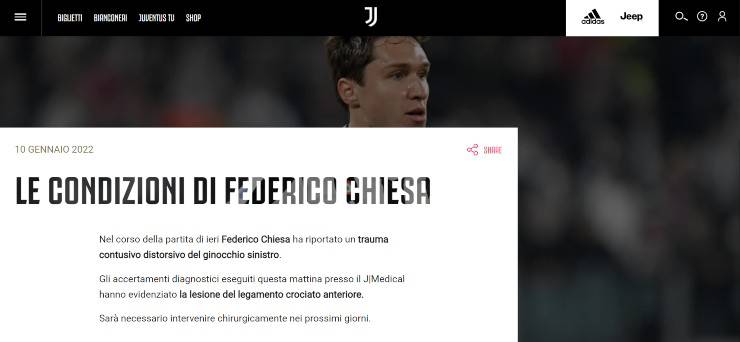 Chiesa infortunio Juve 