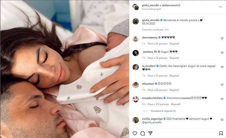Stefano Sensi e Giulia Amodio diventano genitori: il post su Instagram (