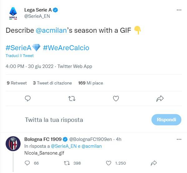 Il post social della Serie A e la risposta del Bologna 