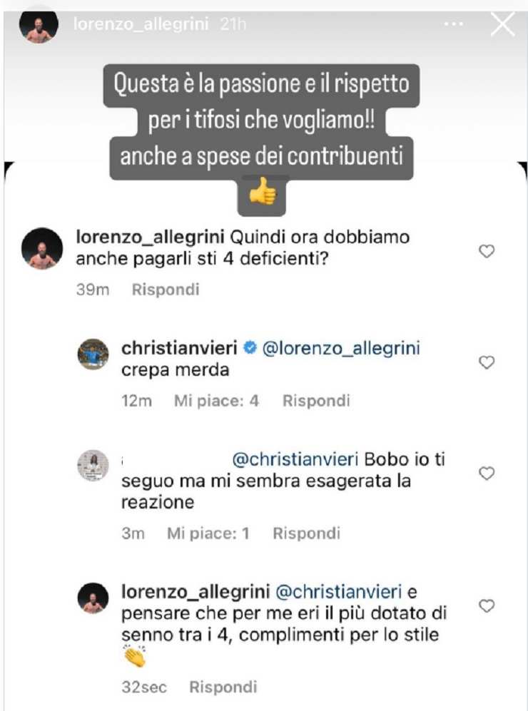 La risposta di Vieri all'utente di Instagram